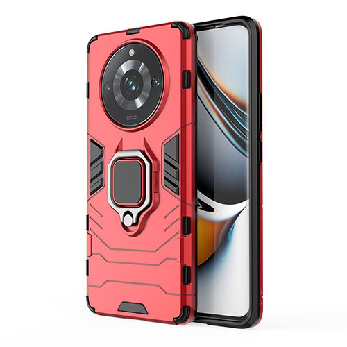 Silicone Matte Finish and Plastic Back Cover Case with Magnetic Finger Ring Stand KC2 for Realme 11 Pro+ Plus 5G Red