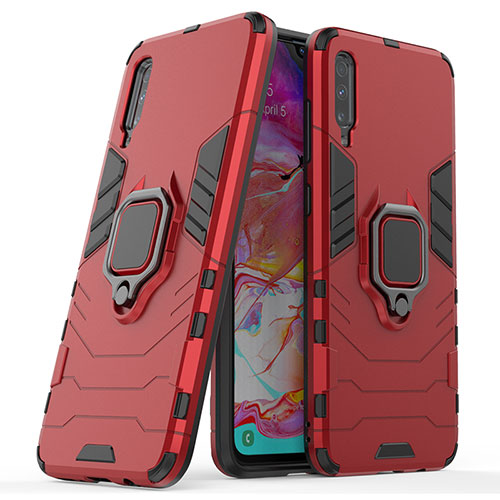 Silicone Matte Finish and Plastic Back Cover Case with Magnetic Finger Ring Stand KC2 for Samsung Galaxy A70S Red