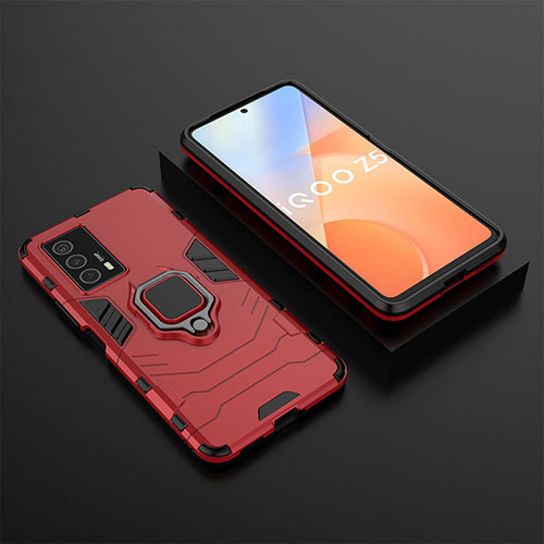 Silicone Matte Finish and Plastic Back Cover Case with Magnetic Finger Ring Stand KC2 for Vivo iQOO Z5 5G Red