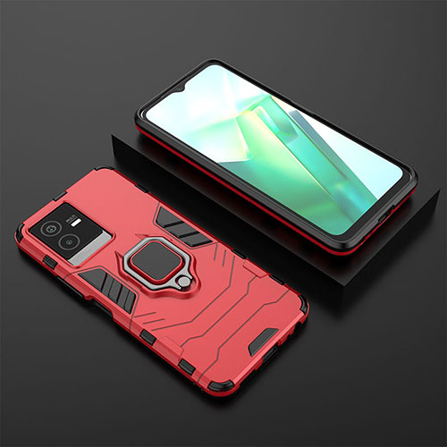 Silicone Matte Finish and Plastic Back Cover Case with Magnetic Finger Ring Stand KC2 for Vivo iQOO Z6x Red