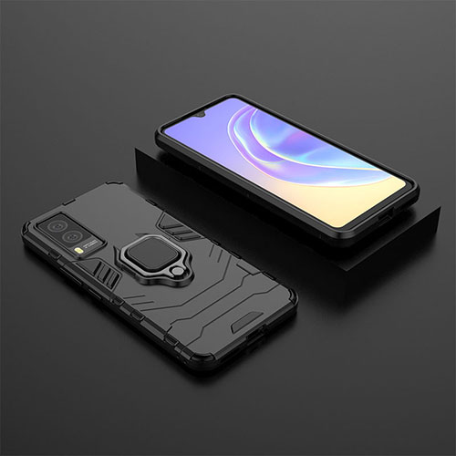 Silicone Matte Finish and Plastic Back Cover Case with Magnetic Finger Ring Stand KC2 for Vivo V21e 5G Black