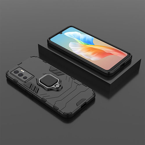 Silicone Matte Finish and Plastic Back Cover Case with Magnetic Finger Ring Stand KC2 for Vivo V23e 5G Black