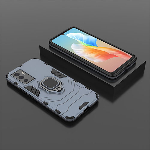 Silicone Matte Finish and Plastic Back Cover Case with Magnetic Finger Ring Stand KC2 for Vivo V23e 5G Blue