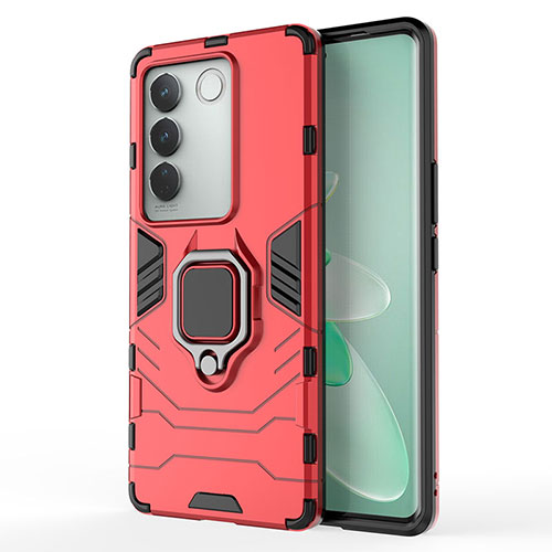Silicone Matte Finish and Plastic Back Cover Case with Magnetic Finger Ring Stand KC2 for Vivo V27 Pro 5G Red