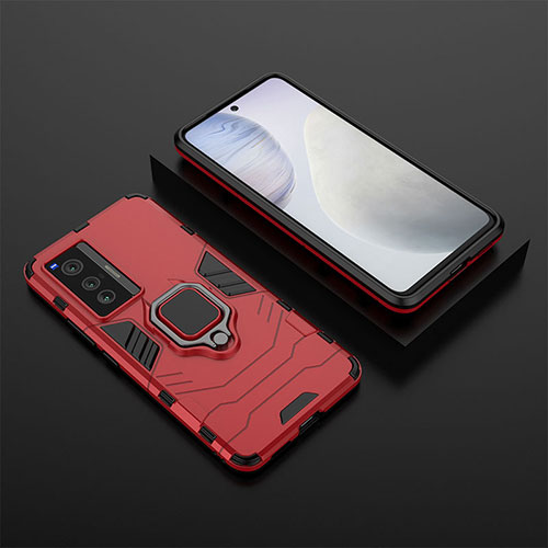Silicone Matte Finish and Plastic Back Cover Case with Magnetic Finger Ring Stand KC2 for Vivo X70 5G Red