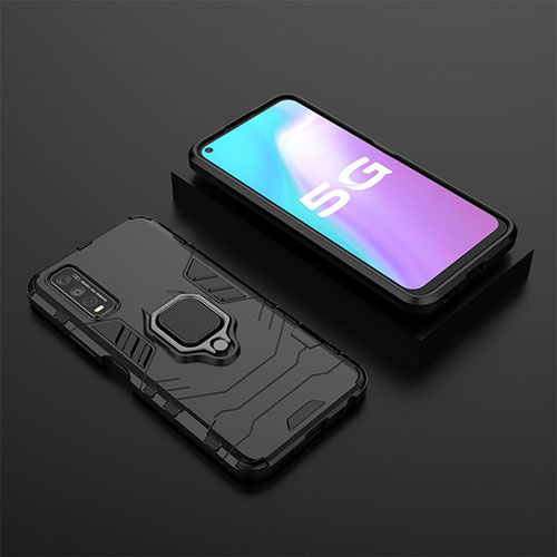Silicone Matte Finish and Plastic Back Cover Case with Magnetic Finger Ring Stand KC2 for Vivo Y50t Black