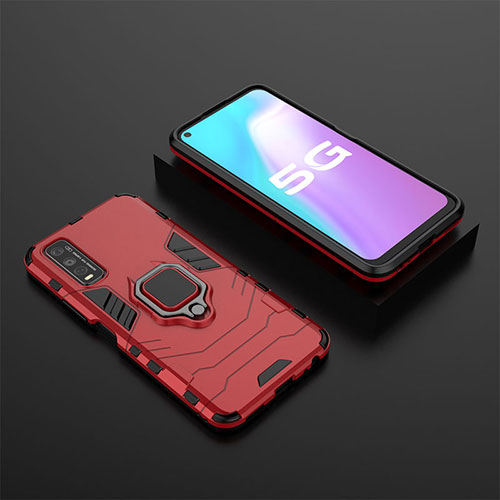 Silicone Matte Finish and Plastic Back Cover Case with Magnetic Finger Ring Stand KC2 for Vivo Y51s 5G Red