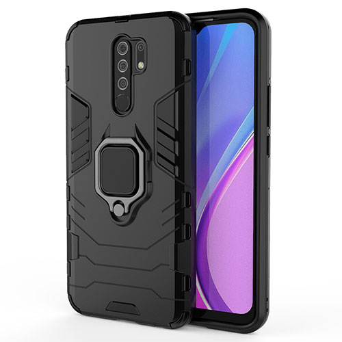 Silicone Matte Finish and Plastic Back Cover Case with Magnetic Finger Ring Stand KC2 for Xiaomi Redmi 9 Black