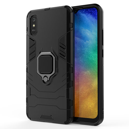 Silicone Matte Finish and Plastic Back Cover Case with Magnetic Finger Ring Stand KC2 for Xiaomi Redmi 9AT Black