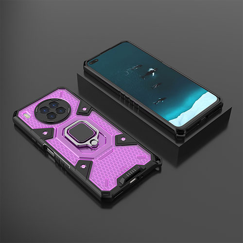 Silicone Matte Finish and Plastic Back Cover Case with Magnetic Finger Ring Stand KC3 for Huawei Nova 8i Purple