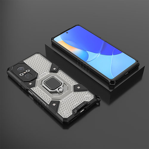 Silicone Matte Finish and Plastic Back Cover Case with Magnetic Finger Ring Stand KC3 for Huawei Nova 9 SE Black