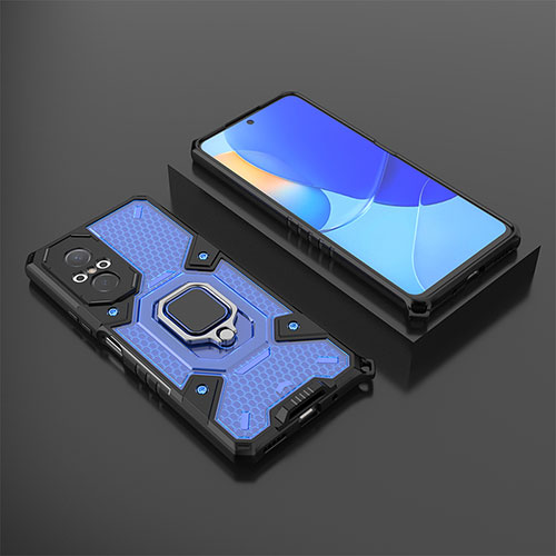 Silicone Matte Finish and Plastic Back Cover Case with Magnetic Finger Ring Stand KC3 for Huawei Nova 9 SE Blue