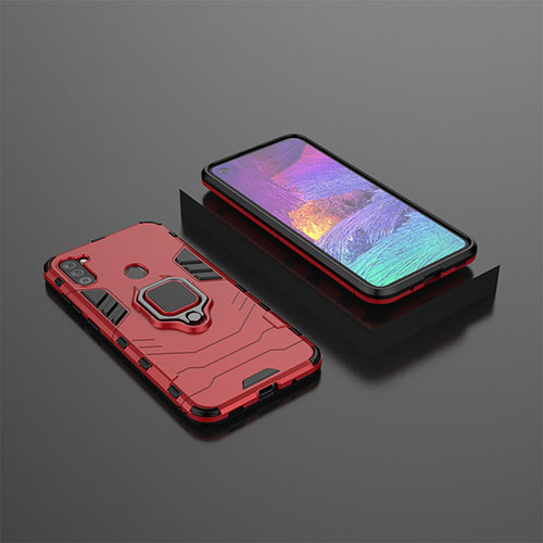 Silicone Matte Finish and Plastic Back Cover Case with Magnetic Finger Ring Stand KC3 for Samsung Galaxy A11 Red