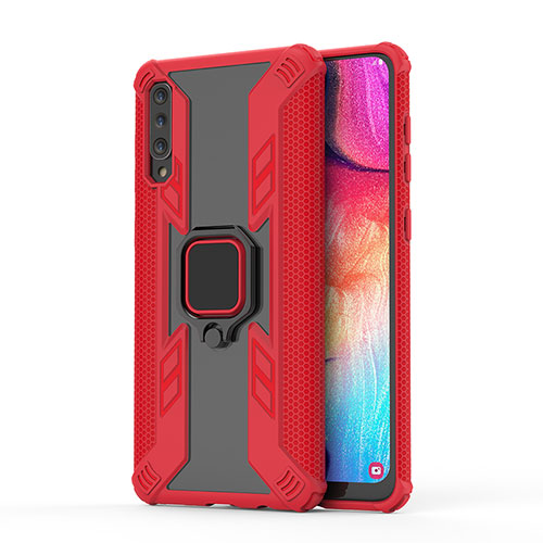 Silicone Matte Finish and Plastic Back Cover Case with Magnetic Finger Ring Stand KC3 for Samsung Galaxy A50S Red