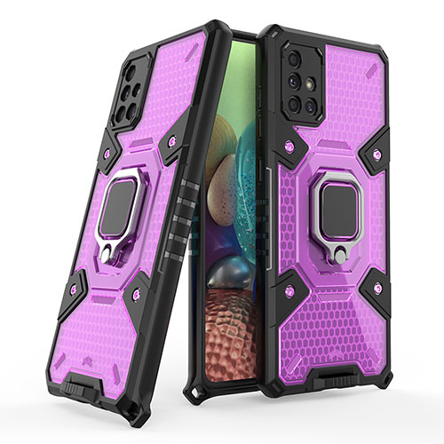 Silicone Matte Finish and Plastic Back Cover Case with Magnetic Finger Ring Stand KC3 for Samsung Galaxy A71 4G A715 Purple