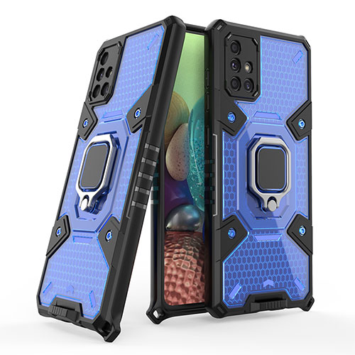 Silicone Matte Finish and Plastic Back Cover Case with Magnetic Finger Ring Stand KC3 for Samsung Galaxy A71 5G Blue