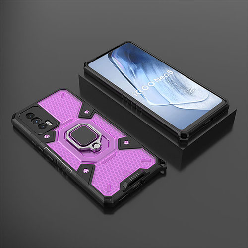 Silicone Matte Finish and Plastic Back Cover Case with Magnetic Finger Ring Stand KC3 for Vivo iQOO 7 India 5G Purple