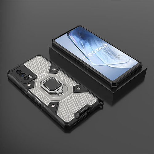 Silicone Matte Finish and Plastic Back Cover Case with Magnetic Finger Ring Stand KC3 for Vivo iQOO Neo5 5G Black