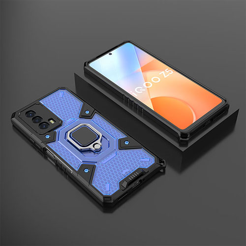 Silicone Matte Finish and Plastic Back Cover Case with Magnetic Finger Ring Stand KC3 for Vivo iQOO Z5 5G Blue