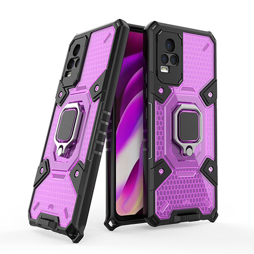 Silicone Matte Finish and Plastic Back Cover Case with Magnetic Finger Ring Stand KC3 for Vivo V21e 4G Purple