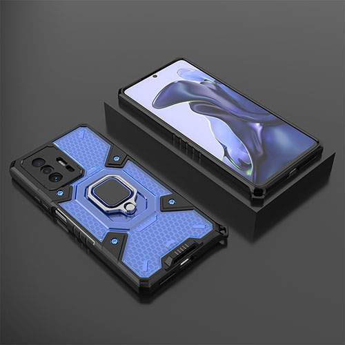 Silicone Matte Finish and Plastic Back Cover Case with Magnetic Finger Ring Stand KC3 for Xiaomi Mi 11T 5G Blue