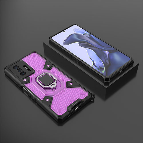 Silicone Matte Finish and Plastic Back Cover Case with Magnetic Finger Ring Stand KC3 for Xiaomi Mi 11T 5G Purple