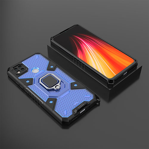 Silicone Matte Finish and Plastic Back Cover Case with Magnetic Finger Ring Stand KC3 for Xiaomi POCO C3 Blue