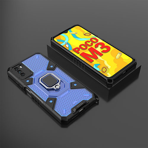 Silicone Matte Finish and Plastic Back Cover Case with Magnetic Finger Ring Stand KC3 for Xiaomi Poco M3 Blue