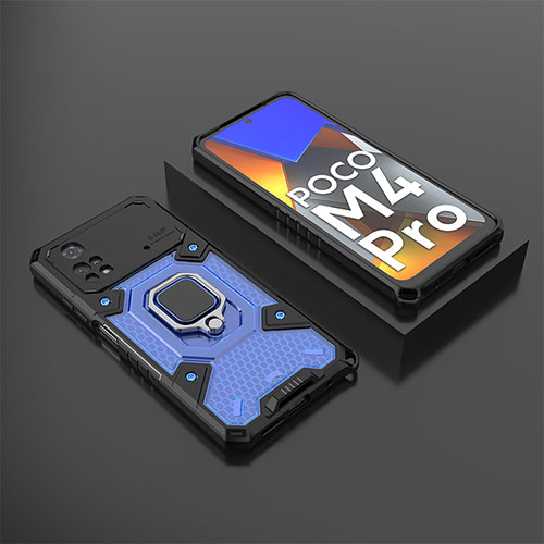 Silicone Matte Finish and Plastic Back Cover Case with Magnetic Finger Ring Stand KC3 for Xiaomi Poco M4 Pro 4G Blue