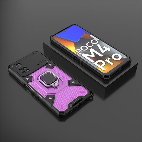 Silicone Matte Finish and Plastic Back Cover Case with Magnetic Finger Ring Stand KC3 for Xiaomi Poco M4 Pro 4G Purple