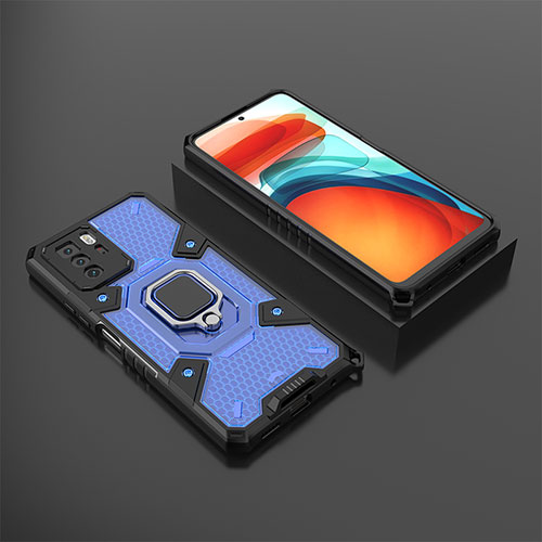 Silicone Matte Finish and Plastic Back Cover Case with Magnetic Finger Ring Stand KC3 for Xiaomi Poco X3 GT 5G Blue