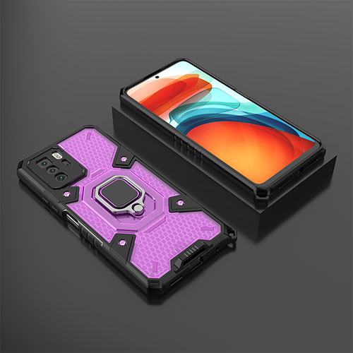 Silicone Matte Finish and Plastic Back Cover Case with Magnetic Finger Ring Stand KC3 for Xiaomi Poco X3 GT 5G Purple