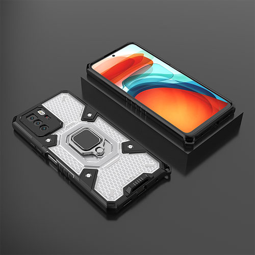 Silicone Matte Finish and Plastic Back Cover Case with Magnetic Finger Ring Stand KC3 for Xiaomi Poco X3 GT 5G White