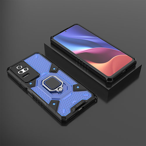 Silicone Matte Finish and Plastic Back Cover Case with Magnetic Finger Ring Stand KC3 for Xiaomi Redmi K50 5G Blue