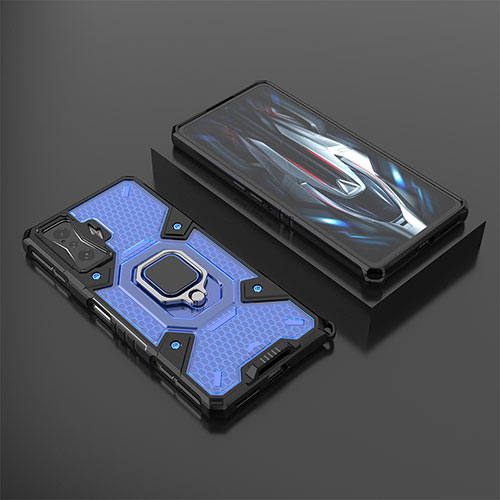 Silicone Matte Finish and Plastic Back Cover Case with Magnetic Finger Ring Stand KC3 for Xiaomi Redmi K50 Gaming 5G Blue