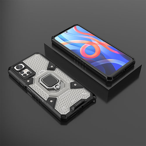 Silicone Matte Finish and Plastic Back Cover Case with Magnetic Finger Ring Stand KC3 for Xiaomi Redmi Note 11 4G (2022) Black