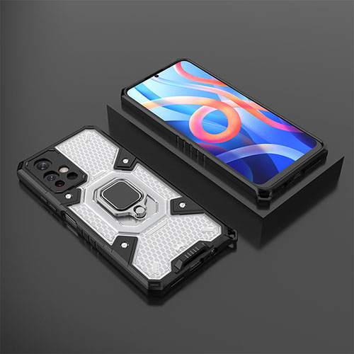 Silicone Matte Finish and Plastic Back Cover Case with Magnetic Finger Ring Stand KC3 for Xiaomi Redmi Note 11 5G White