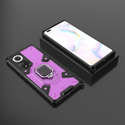 Silicone Matte Finish and Plastic Back Cover Case with Magnetic Finger Ring Stand KC4 for Huawei Honor 50 Pro 5G Purple