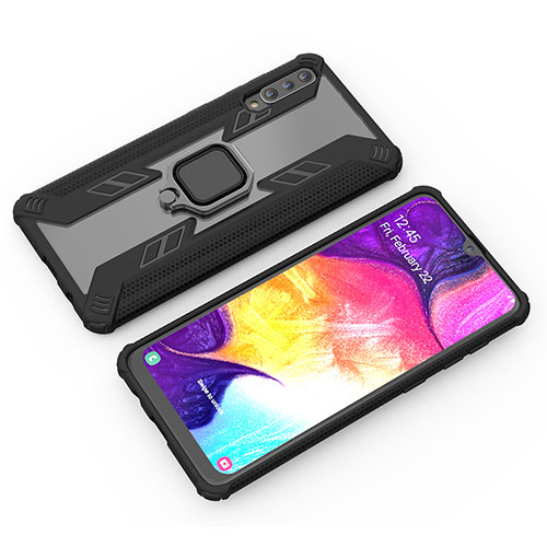 Silicone Matte Finish and Plastic Back Cover Case with Magnetic Finger Ring Stand KC4 for Samsung Galaxy A30S Black