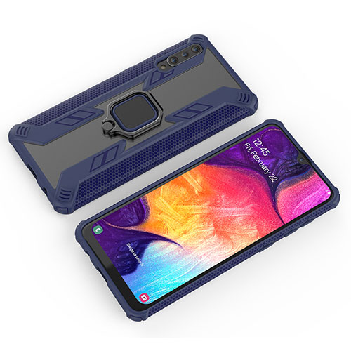Silicone Matte Finish and Plastic Back Cover Case with Magnetic Finger Ring Stand KC4 for Samsung Galaxy A50 Blue