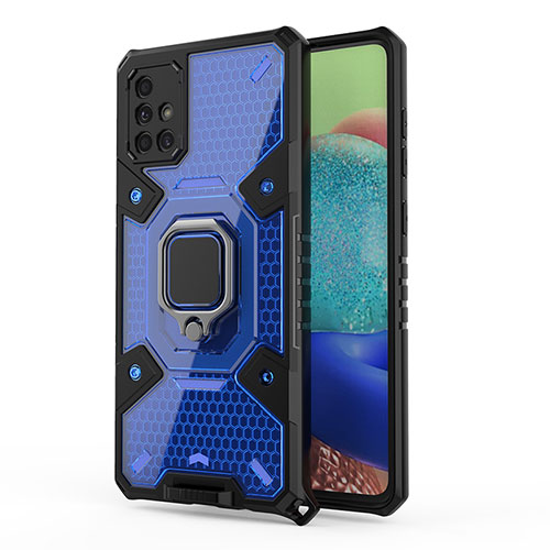 Silicone Matte Finish and Plastic Back Cover Case with Magnetic Finger Ring Stand KC4 for Samsung Galaxy A71 4G A715 Blue