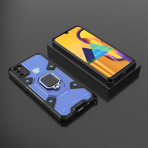 Silicone Matte Finish and Plastic Back Cover Case with Magnetic Finger Ring Stand KC4 for Samsung Galaxy M30s Blue