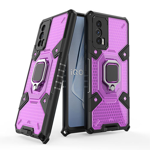 Silicone Matte Finish and Plastic Back Cover Case with Magnetic Finger Ring Stand KC4 for Vivo iQOO Neo5 5G Purple