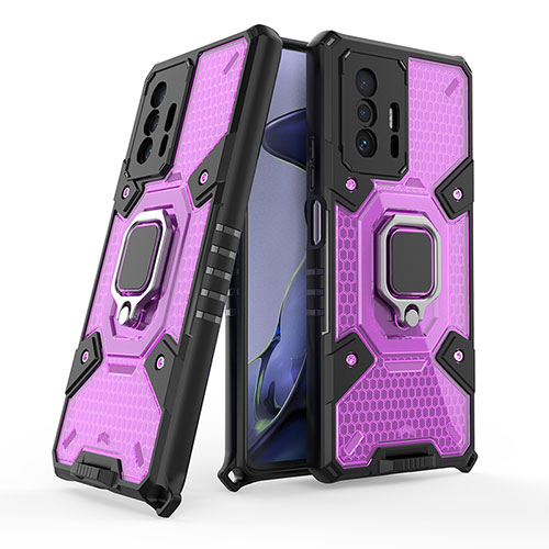 Silicone Matte Finish and Plastic Back Cover Case with Magnetic Finger Ring Stand KC4 for Xiaomi Mi 11T 5G Purple