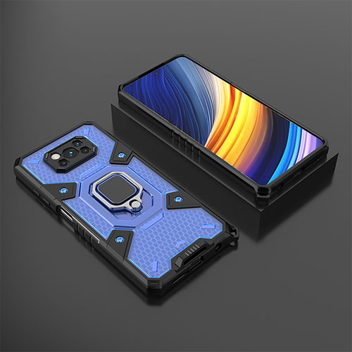 Silicone Matte Finish and Plastic Back Cover Case with Magnetic Finger Ring Stand KC4 for Xiaomi Poco X3 Pro Blue