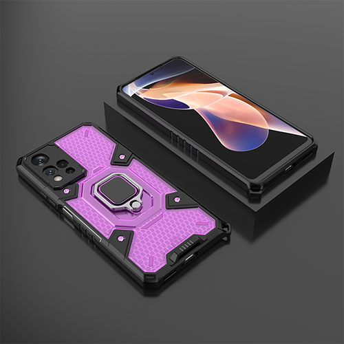 Silicone Matte Finish and Plastic Back Cover Case with Magnetic Finger Ring Stand KC4 for Xiaomi Poco X4 NFC Purple