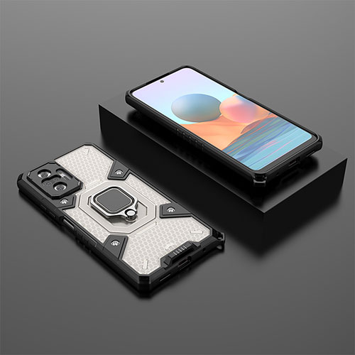Silicone Matte Finish and Plastic Back Cover Case with Magnetic Finger Ring Stand KC4 for Xiaomi Redmi Note 10 Pro 4G Black