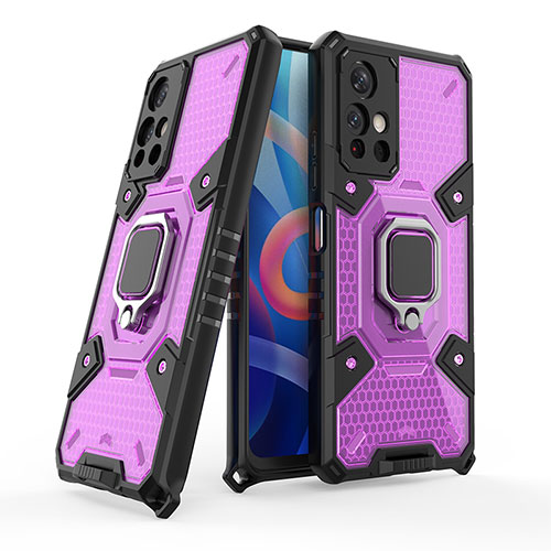 Silicone Matte Finish and Plastic Back Cover Case with Magnetic Finger Ring Stand KC4 for Xiaomi Redmi Note 11 5G Purple