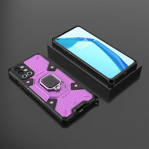 Silicone Matte Finish and Plastic Back Cover Case with Magnetic Finger Ring Stand KC5 for OnePlus 9R 5G Purple