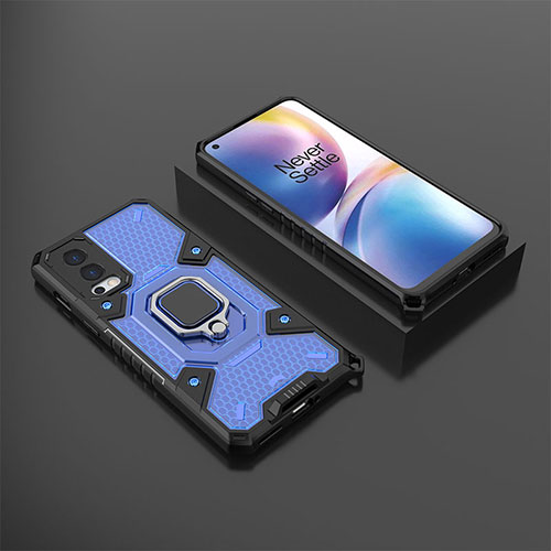 Silicone Matte Finish and Plastic Back Cover Case with Magnetic Finger Ring Stand KC5 for OnePlus Nord 2 5G Blue